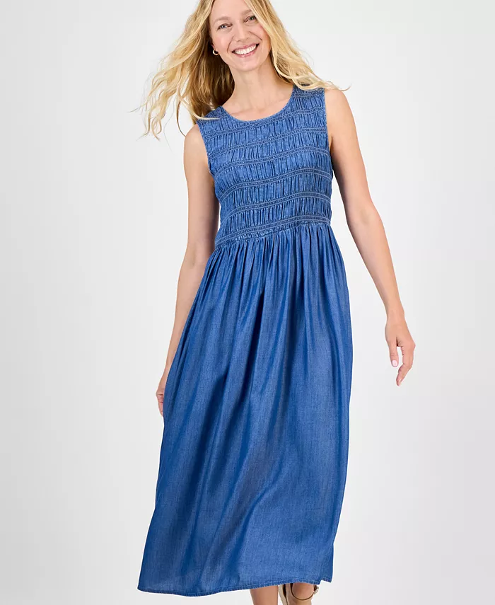 Style & Co Women's Smocked Chambray Midi Dress Exclusively At Macy's Women's Fashion Shoes & Accessories