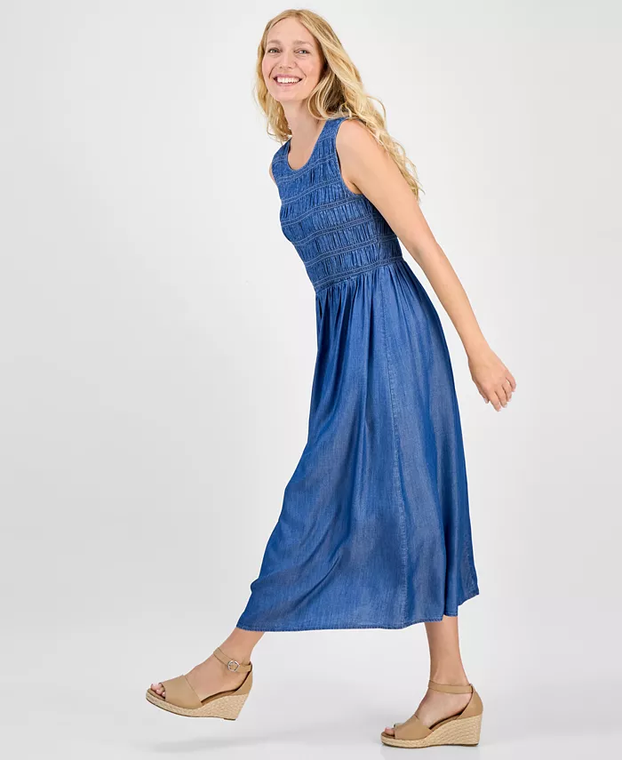 Style & Co Women's Smocked Chambray Midi Dress Exclusively At Macy's Women's Fashion Shoes & Accessories