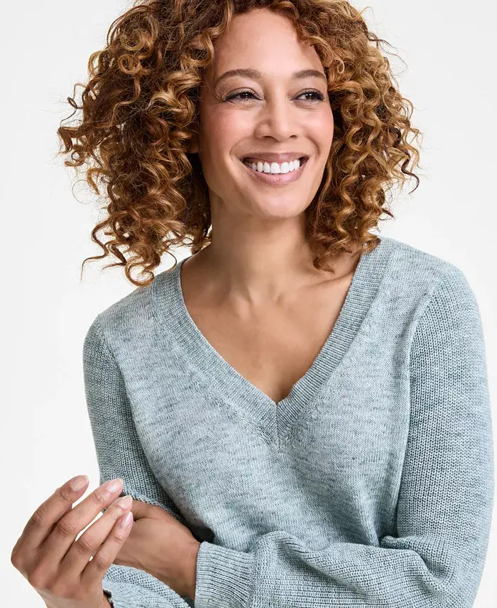 Style & Co Women's Space-Dyed V-Neck Sweater Created For Macy's Women's Fashion Shoes & Accessories