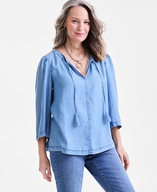 Style & Co Women's Split-Neck 3/4-Sleeve Top Exclusively at Macy's Women's Fashion Shoes & Accessories