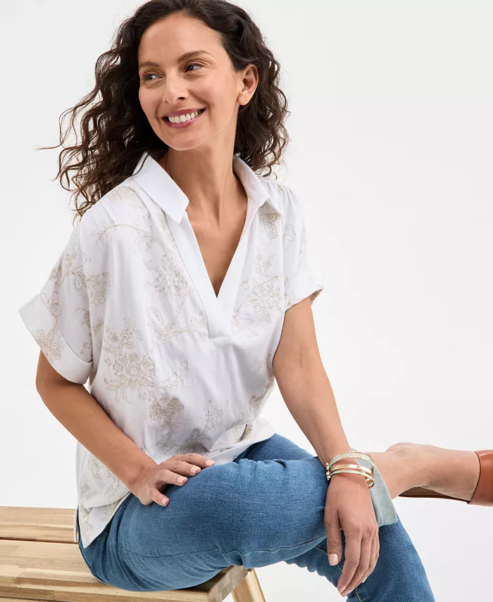 Style & Co Women's Split-Neck Collared Embroidered Top Exclusively At Macy's Women's Fashion Shoes & Accessories