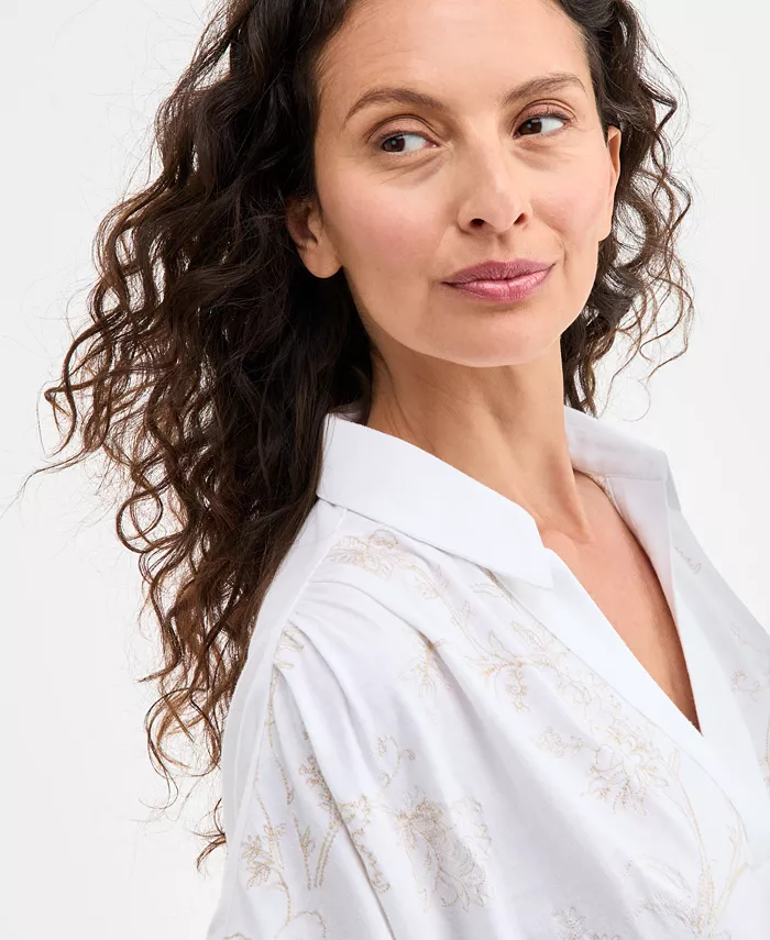 Style & Co Women's Split-Neck Collared Embroidered Top Exclusively At Macy's Women's Fashion Shoes & Accessories