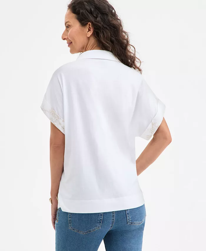 Style & Co Women's Split-Neck Collared Embroidered Top Exclusively At Macy's Women's Fashion Shoes & Accessories