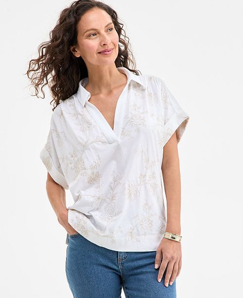 Style & Co Women's Split-Neck Collared Embroidered Top Exclusively at Macy's Women's Fashion Shoes & Accessories