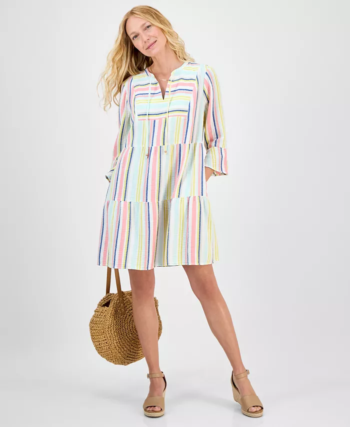 Style & Co Women's Striped Cotton Gauze Tiered Dress Exclusively At Macy's Women's Fashion Shoes & Accessories