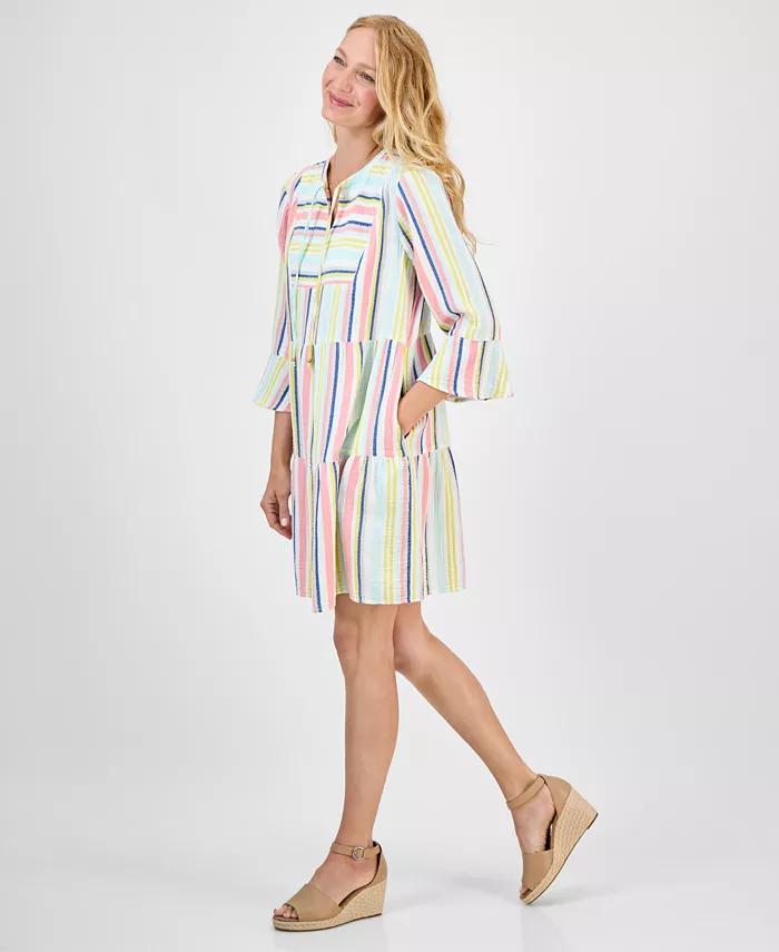 Style & Co Women's Striped Cotton Gauze Tiered Dress Exclusively At Macy's Women's Fashion Shoes & Accessories