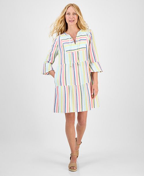 Style & Co Women's Striped Cotton Gauze Tiered Dress Exclusively at Macy's Women's Fashion Shoes & Accessories