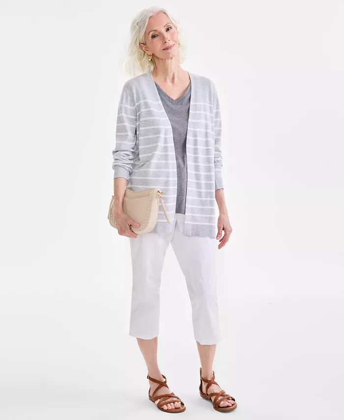 Style & Co Women's Striped Open-Front Long-Sleeve Cardigan Exclusively At Macy's Women's Fashion Shoes & Accessories