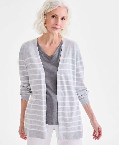 Style & Co Women's Striped Open-Front Long-Sleeve Cardigan Exclusively at Macy's Women's Fashion Shoes & Accessories