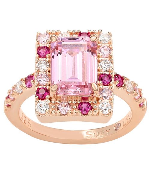 Suzy Levian New York Suzy Levian Rose Sterling Silver Emerald Cut Pink Cubic Zirconia Ring Jewelry & Watches