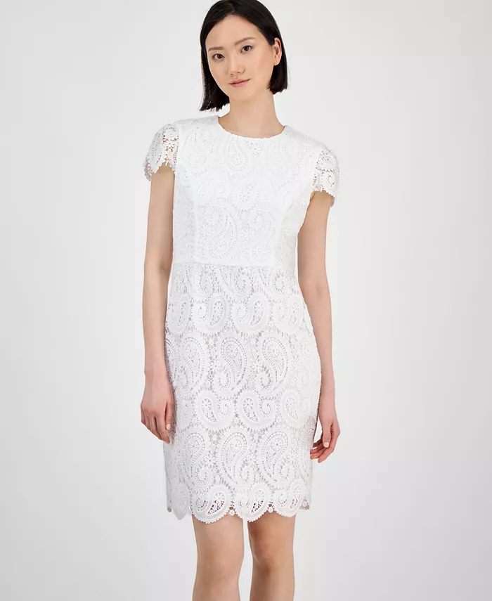 Tahari Women's Short-Sleeve Lace-Detail Sheath Dress Women's Fashion Shoes & Accessories