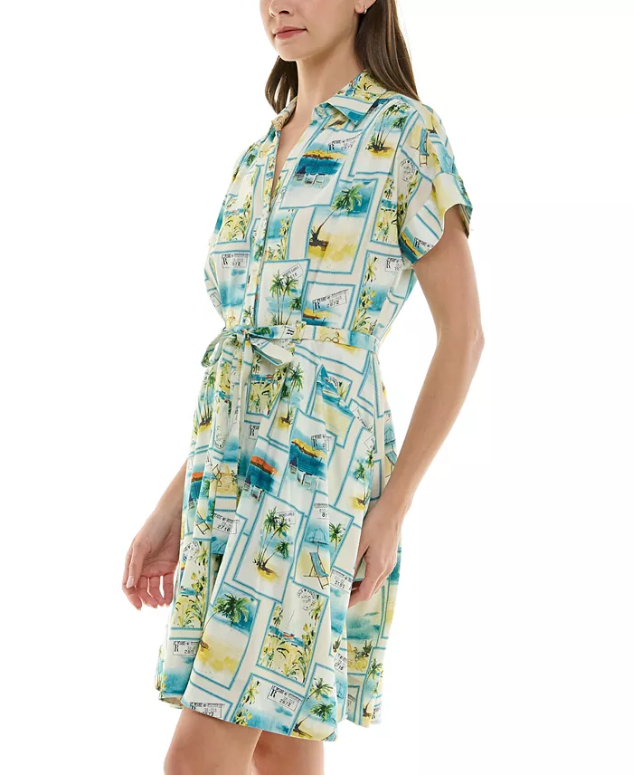 Taylor Petite Printed Short-Sleeve Belted Shirtdress Women's Fashion Shoes & Accessories