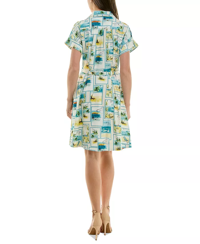 Taylor Petite Printed Short-Sleeve Belted Shirtdress Women's Fashion Shoes & Accessories