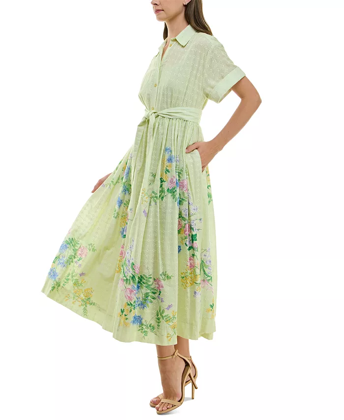 Taylor Women's Eyelet-Embroidered Belted Cotton Shirt Dress Women's Fashion Shoes & Accessories