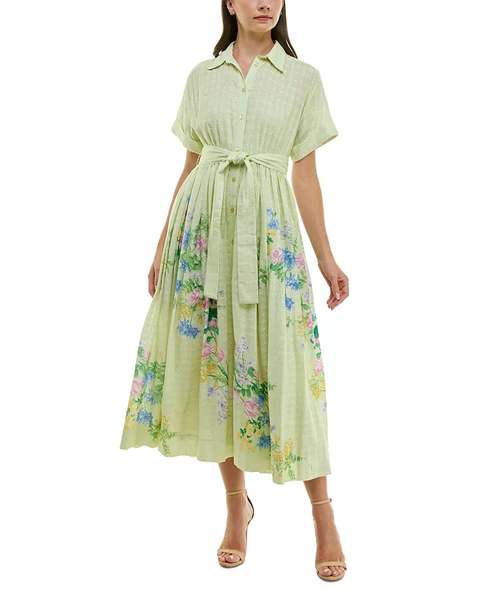 Taylor Women's Eyelet-Embroidered Belted Cotton Shirt Dress Women's Fashion Shoes & Accessories