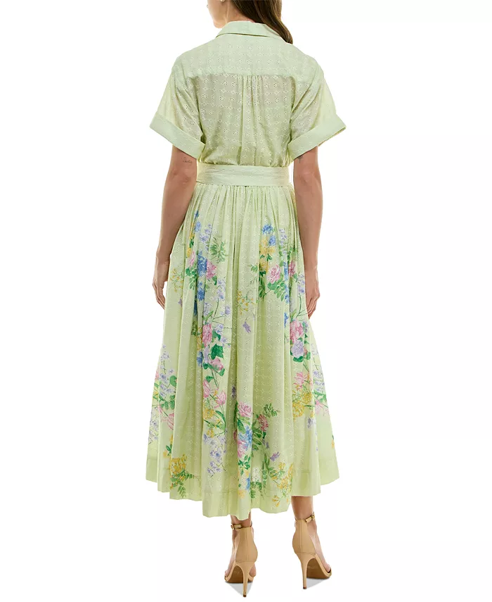 Taylor Women's Eyelet-Embroidered Belted Cotton Shirt Dress Women's Fashion Shoes & Accessories