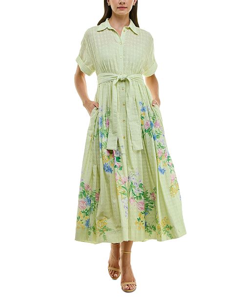 Taylor Women's Eyelet-Embroidered Belted Cotton Shirt Dress Women's Fashion Shoes & Accessories