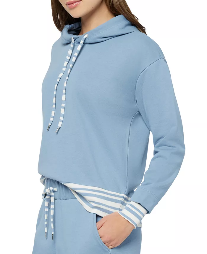 Three Dots Women's Striped Trim Pullover Hoodie Women's Fashion Shoes & Accessories