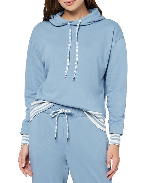 Three Dots Women's Striped Trim Pullover Hoodie Women's Fashion Shoes & Accessories