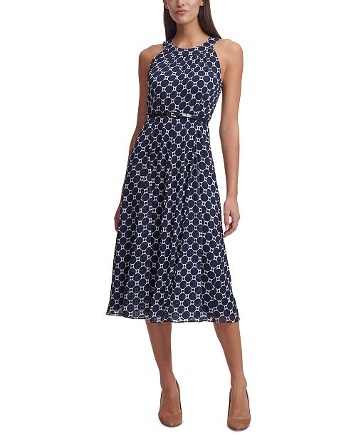 Tommy Hilfiger Printed Belted Halter Midi Dress Women's Fashion Shoes & Accessories