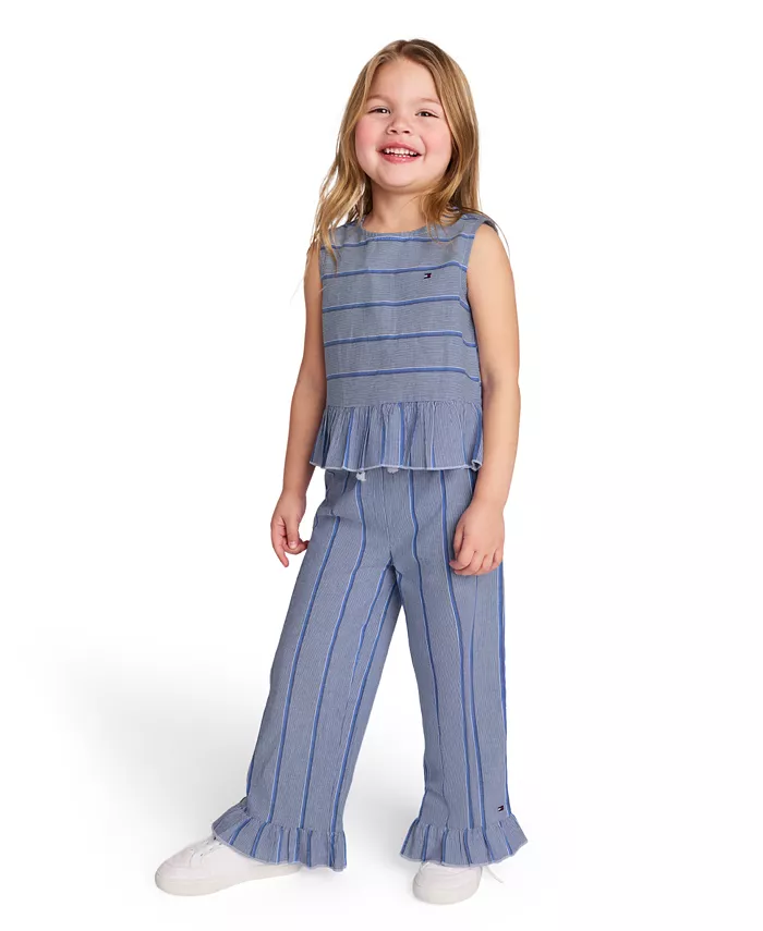 Tommy Hilfiger Toddler And Little Girls 2-Piece Yarn-Dyed Woven Ruffled Pants Set Kids