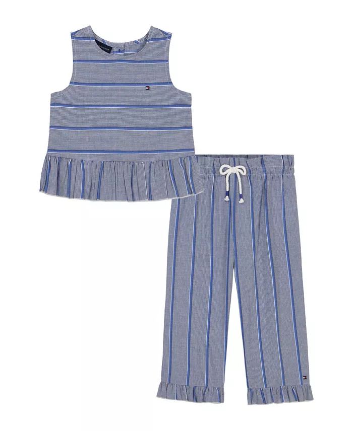 Tommy Hilfiger Toddler And Little Girls 2-Piece Yarn-Dyed Woven Ruffled Pants Set Kids