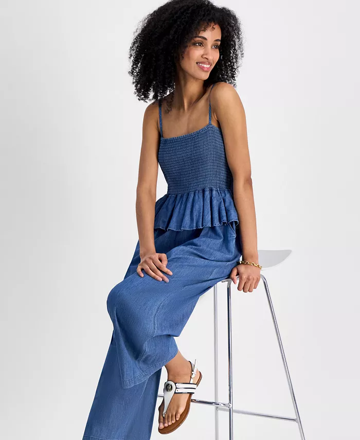 Tommy Hilfiger Women's Chambray Peplum Jumpsuit Women's Fashion Shoes & Accessories