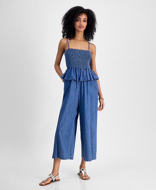 Tommy Hilfiger Women's Chambray Peplum Jumpsuit Women's Fashion Shoes & Accessories