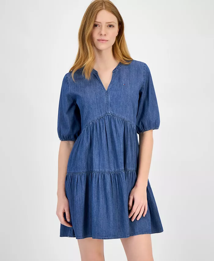 Tommy Hilfiger Women's Chambray V-Neck Tiered Dress Women's Fashion Shoes & Accessories