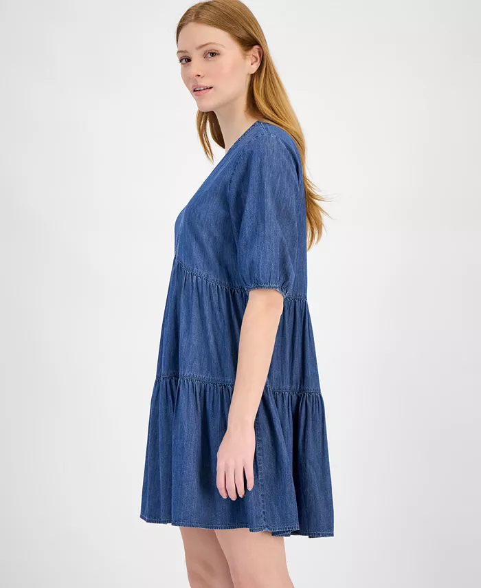 Tommy Hilfiger Women's Chambray V-Neck Tiered Dress Women's Fashion Shoes & Accessories