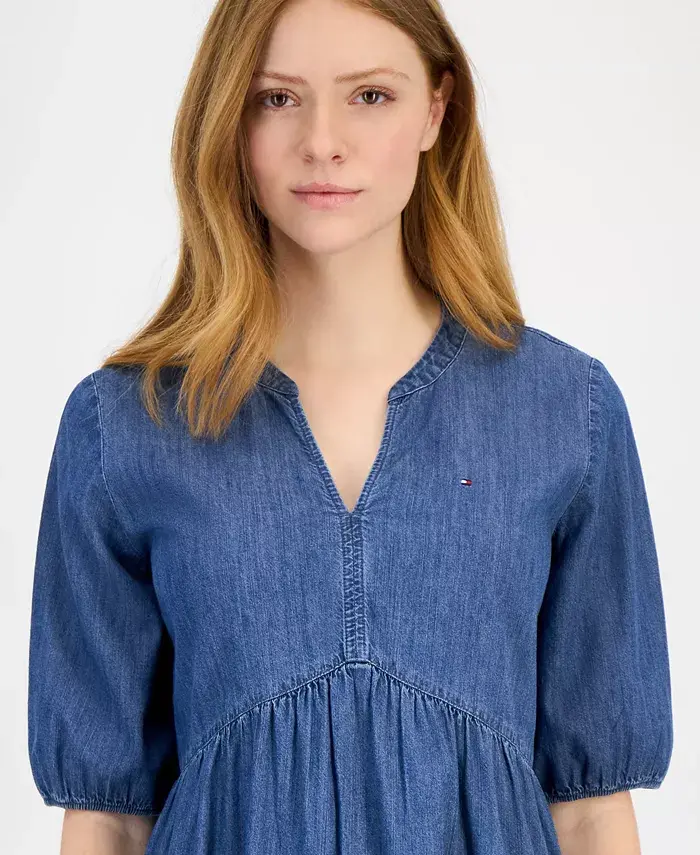 Tommy Hilfiger Women's Chambray V-Neck Tiered Dress Women's Fashion Shoes & Accessories