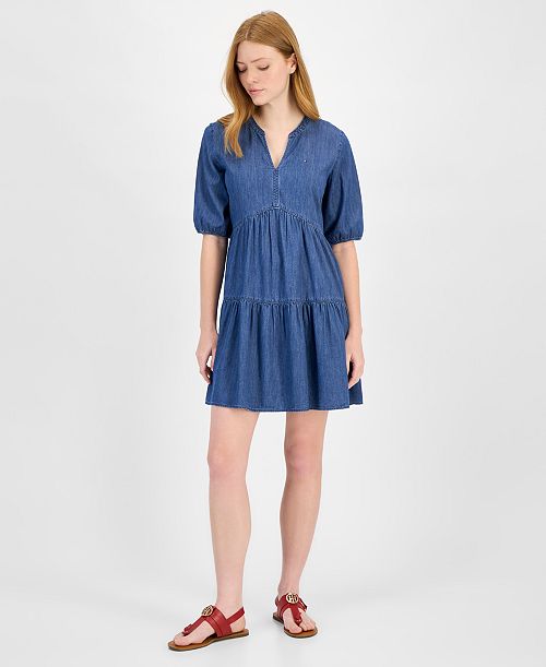 Tommy Hilfiger Women's Chambray V-Neck Tiered Dress Women's Fashion Shoes & Accessories