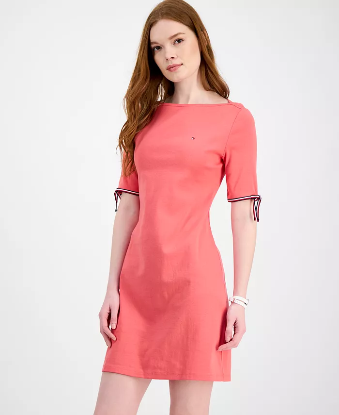 Tommy Hilfiger Women's Cotton Boat-Neck Tie-Sleeve Dress Women's Fashion Shoes & Accessories