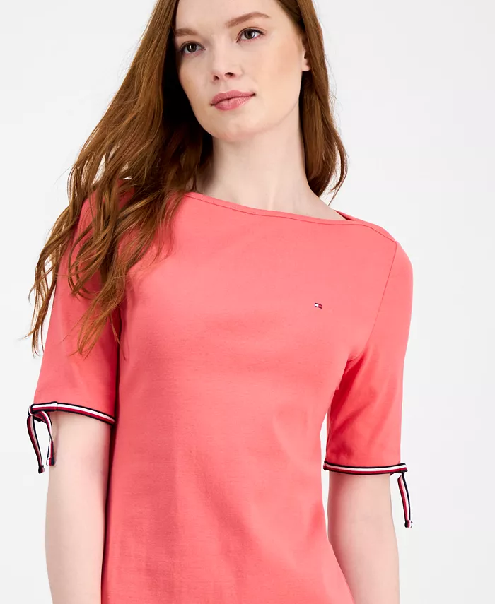 Tommy Hilfiger Women's Cotton Boat-Neck Tie-Sleeve Dress Women's Fashion Shoes & Accessories