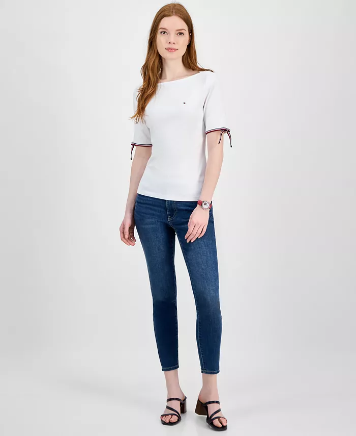 Tommy Hilfiger Women's Cotton Boat-Neck Tie-Sleeve T-Shirt Women's Fashion Shoes & Accessories