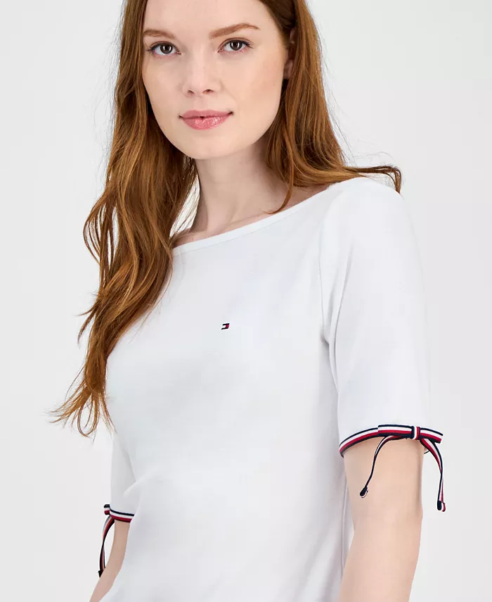 Tommy Hilfiger Women's Cotton Boat-Neck Tie-Sleeve T-Shirt Women's Fashion Shoes & Accessories