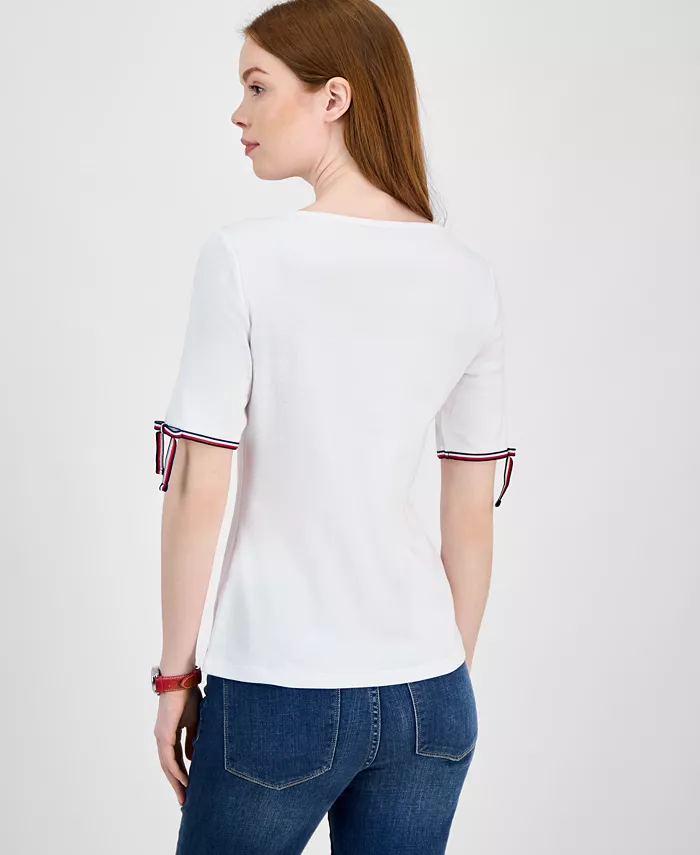 Tommy Hilfiger Women's Cotton Boat-Neck Tie-Sleeve T-Shirt Women's Fashion Shoes & Accessories