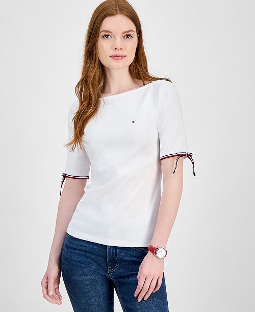 Tommy Hilfiger Women's Cotton Boat-Neck Tie-Sleeve T-Shirt Women's Fashion Shoes & Accessories
