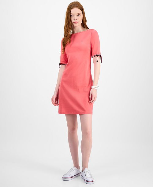 Tommy Hilfiger Women's Cotton Boat-Neck Tie-Sleeve Dress Women's Fashion Shoes & Accessories
