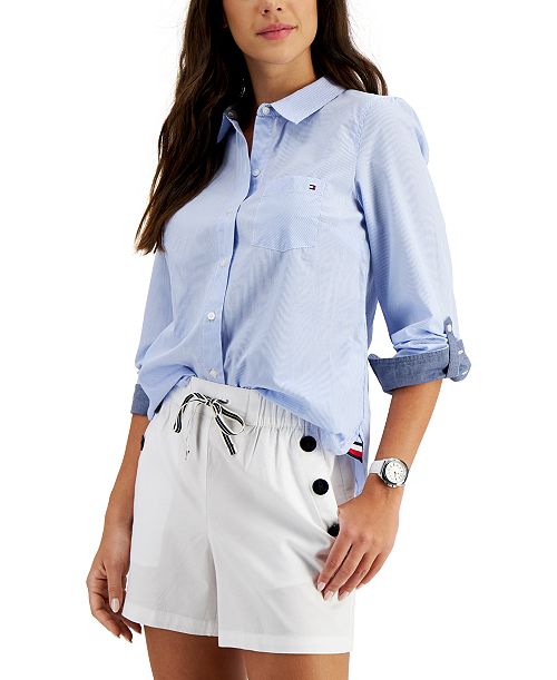 Tommy Hilfiger Women's Cotton Pinstripe Button-Down Shirt Women's Fashion Shoes & Accessories