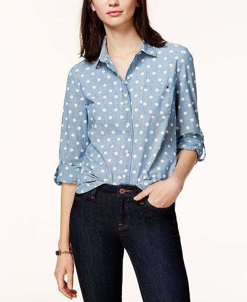 Tommy Hilfiger Women's Cotton Printed Roll-Tab Utility Shirt Women's Fashion Shoes & Accessories