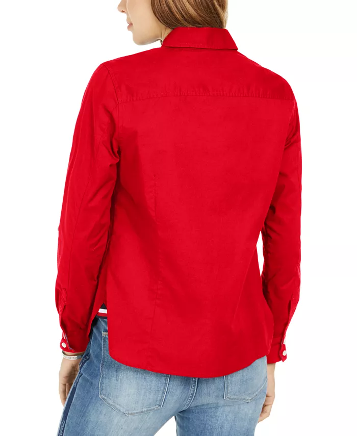Tommy Hilfiger Women's Cotton Roll-Tab Button-Up Shirt Women's Fashion Shoes & Accessories