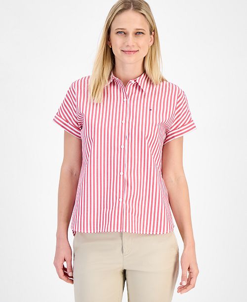 Tommy Hilfiger Women's Cotton Striped Cuffed-Sleeve Shirt Women's Fashion Shoes & Accessories