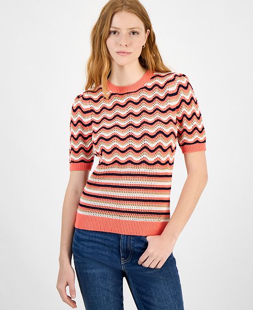Tommy Hilfiger Women's Cotton Striped Pointelle Sweater Women's Fashion Shoes & Accessories