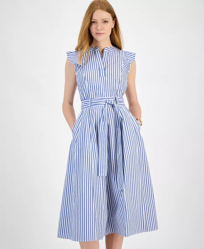 Tommy Hilfiger Women's Cotton Striped Ruffled Midi Dress Women's Fashion Shoes & Accessories