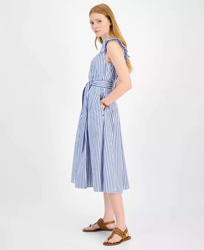 Tommy Hilfiger Women's Cotton Striped Ruffled Midi Dress Women's Fashion Shoes & Accessories
