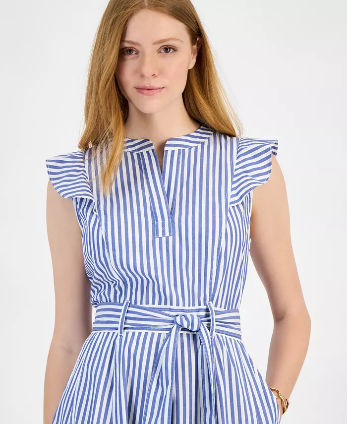 Tommy Hilfiger Women's Cotton Striped Ruffled Midi Dress Women's Fashion Shoes & Accessories