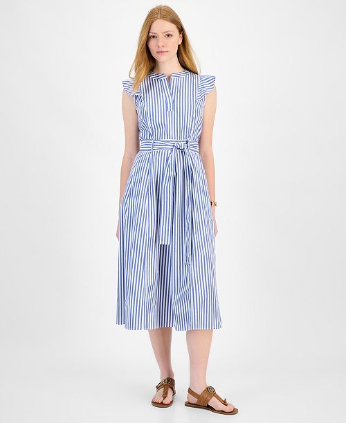 Tommy Hilfiger Women's Cotton Striped Ruffled Midi Dress Women's Fashion Shoes & Accessories