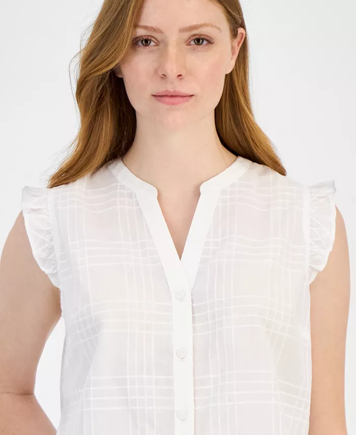 Tommy Hilfiger Women's Cotton Tonal-Plaid Ruffled-Sleeve Shirt Women's Fashion Shoes & Accessories