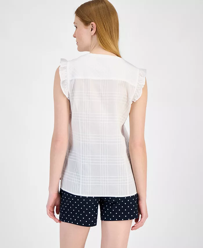 Tommy Hilfiger Women's Cotton Tonal-Plaid Ruffled-Sleeve Shirt Women's Fashion Shoes & Accessories